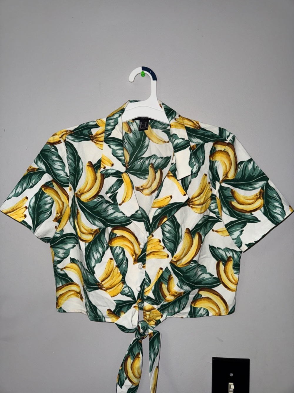 Forever 21 White Bananas & Green Leaf Tie-Front Shirt
